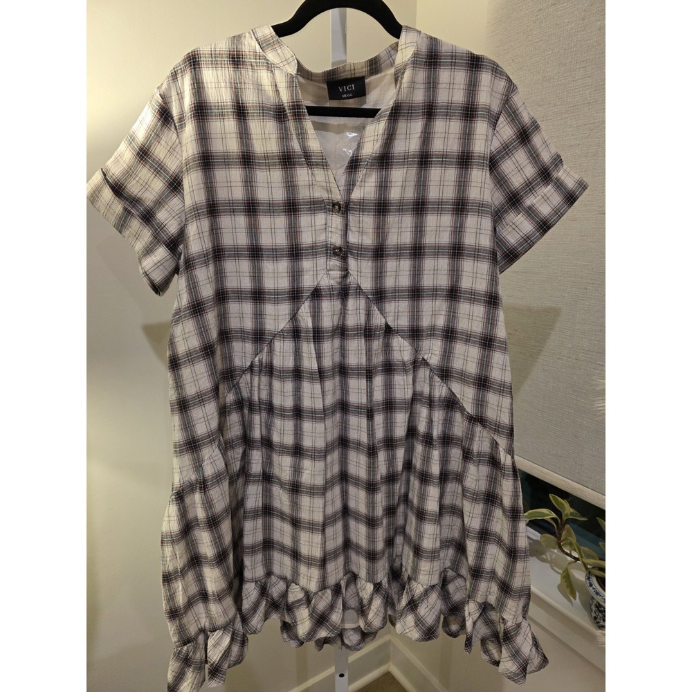 Crinkle Cotton Plaid Babydoll Midi Dress S Brown/White Boho Beachy NWOT - Picture 15 of 16